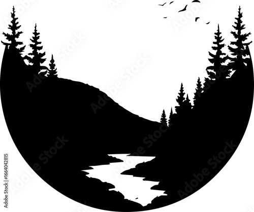 mountain landscape vector illustration, tree, winter, vector, illustration, holiday, snow, forest, celebration, star, tree, xmas, card, decoration, trees, season, fir, nature, landscape, design, new y