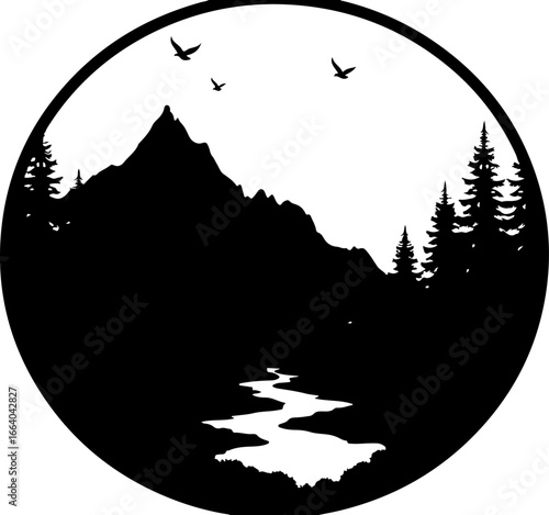 mountain landscape vector illustration, tree, winter, vector, illustration, holiday, snow, forest, celebration, star, tree, xmas, card, decoration, trees, season, fir, nature, landscape, design, new y