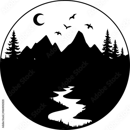 mountain landscape vector illustration, tree, winter, vector, illustration, holiday, snow, forest, celebration, star, tree, xmas, card, decoration, trees, season, fir, nature, landscape, design, new y