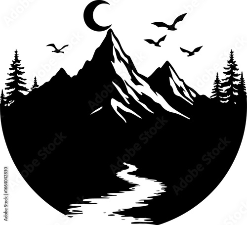 mountain landscape vector illustration, tree, winter, vector, illustration, holiday, snow, forest, celebration, star, tree, xmas, card, decoration, trees, season, fir, nature, landscape, design, new y