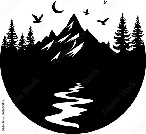 mountain landscape vector illustration, tree, winter, vector, illustration, holiday, snow, forest, celebration, star, tree, xmas, card, decoration, trees, season, fir, nature, landscape, design, new y