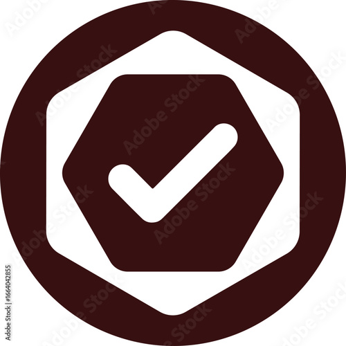 check mark inside hexagon shape symbolizing approval, confirmation and success vector illustration on white background