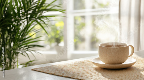 Wallpaper Mural Steaming cup of herbal tea sits on saucer beside window, creating calming atmosphere Torontodigital.ca