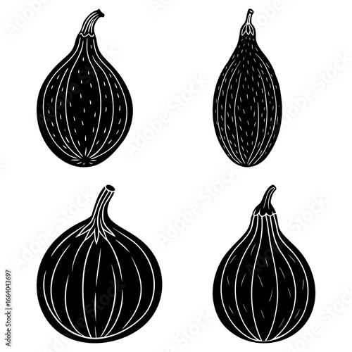 Four stylized black and white figs arranged in a square pattern on a white background illustration
