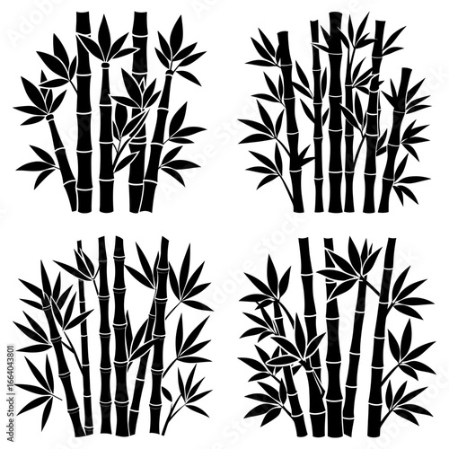 Four groupings of black bamboo stalks and leaves in a symmetrical arrangement on white background