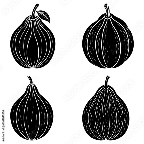 Four stylized black figs in different shapes and orientations on a white background are shown