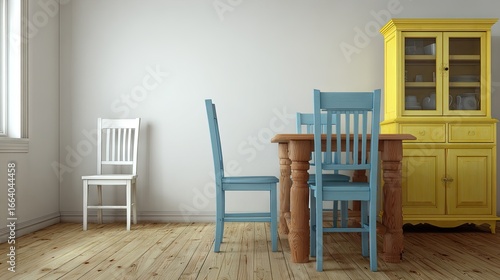 A light-filled room with a dining set in pastel colors.