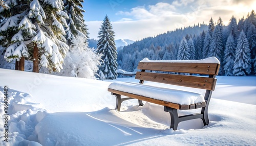 Wallpaper Mural A wooden park bench covered in snow sits amidst a winter wonderland of snow-covered trees and a serene landscape. Torontodigital.ca