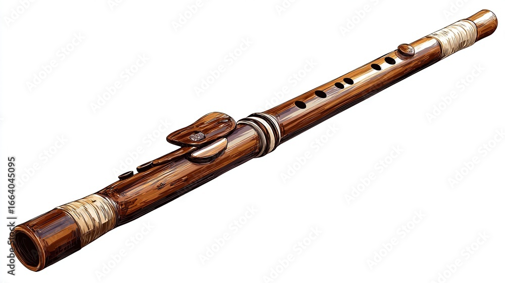 Naklejka premium Wooden flute with silver rings and keys, wrapped at ends