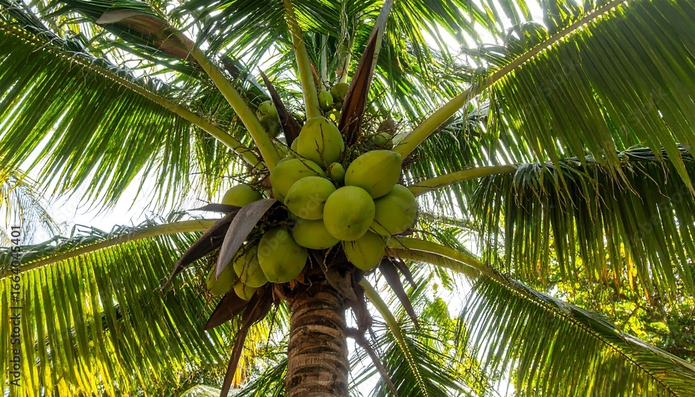 Fototapeta premium Lush green palm tree laden with ripe coconuts, viewed from below.