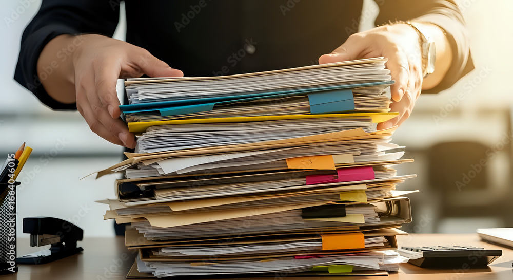 Fototapeta premium Overwhelmed with paperwork a professional stacks documents at his desk, showcasing office life, deadlines, and the challenges of staying organized at work