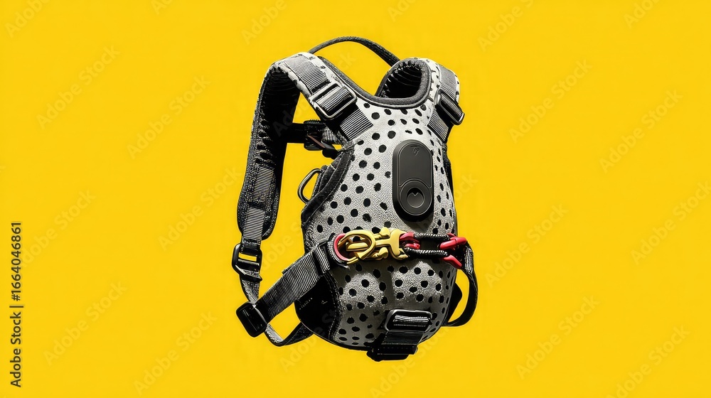 Naklejka premium A modern, high-tech safety harness for climbing or industrial work, isolated on a solid yellow background.
