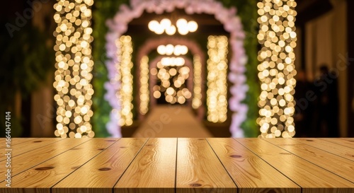 A rustic wooden table in the foreground offers a clear view of a blurred pathway lined with glowing fairy lights and decorative arches, creating a magical and festive atmosphere for an event