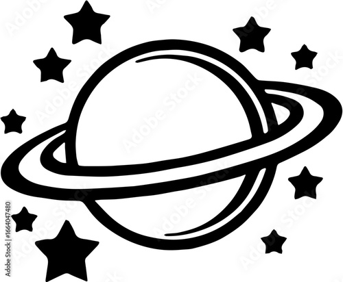 vector illustration of simple black silhouette of a planet with rings resembling Saturn, isolated on white