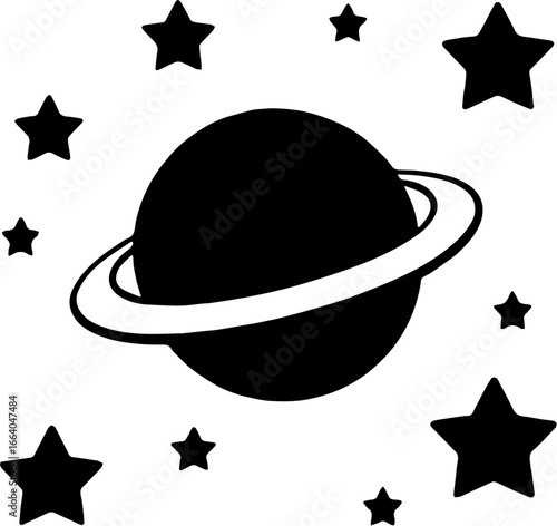 vector illustration of simple black silhouette of a planet with rings resembling Saturn, isolated on white