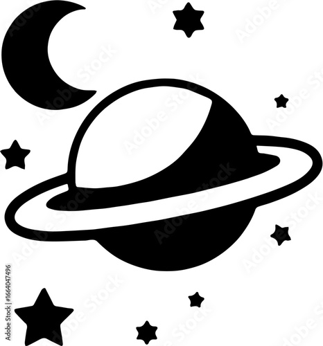 vector illustration of simple black silhouette of a planet with rings resembling Saturn, isolated on white