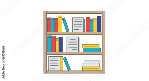 Colorful bookshelf filled with books and paper stacks illustrating organization