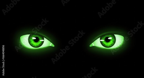 Two luminous green eyes glow intensely in the deep darkness, creating a mysterious and watchful presence