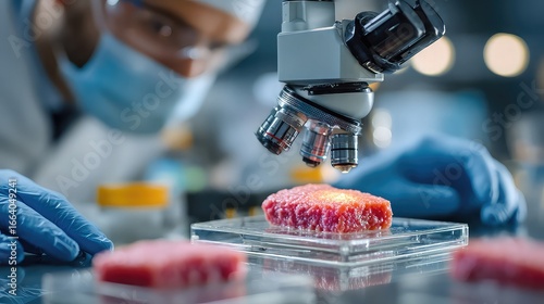 Scientist examining lab-grown meat under a microscope.