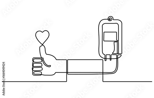continuous line of blood donor. single line drawing of hand in blood transfusion. suitable for caring, humanity and others