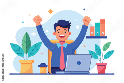 Cuadro en lienzo A cheerful businessman celebrates success at his desk