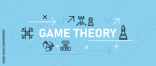 Game theory banner illustration line icons representing strategic decision making mathematical framework for modeling strategic interactions complex choices in competitive situation