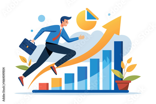A businessman runs up a growth chart