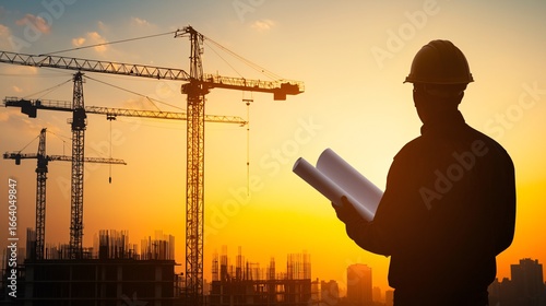 Back facing construction contractor observing skyscraper site during sunset, holding rolled blueprint as tower cranes dominate skyline
