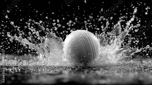 Flying Cricket Ball with Black and White Splash Background. Clear Picture with Right Space for Text Caption. Dynamic and Energetic Scene.