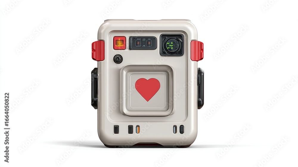 Fototapeta premium Beige square gadget with red heart, knobs and buttons on a white background