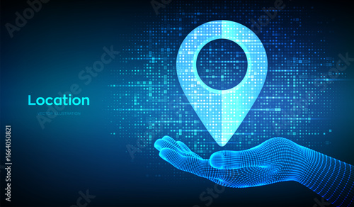 Point of location icon made with binary code in wireframe hand. Pointer of map. Gps pointer. Navigation pin point global position system symbol. Digital background with digits 1.0. Vector Illustration