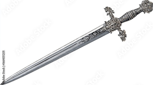 Ornate silver sword with detailed hilt and scabbard lying on white background