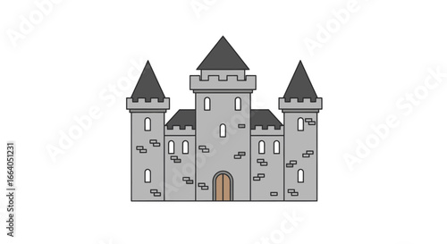 Grey stone fortress with pointed towers against a stark white background illustration