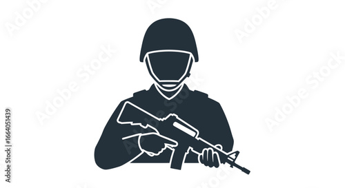 Silhouette of soldier in helmet holding rifle depicts commitment to defense service