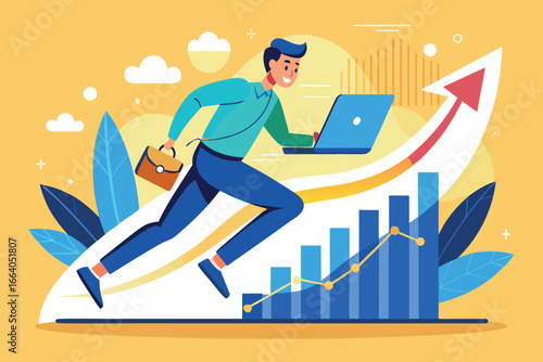 A businessman runs up a growth chart