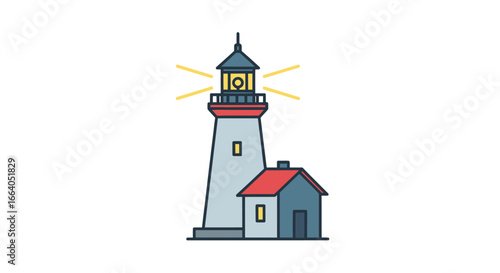Colorful lighthouse vector illustration, coastal navigation symbol with house attached, beacon