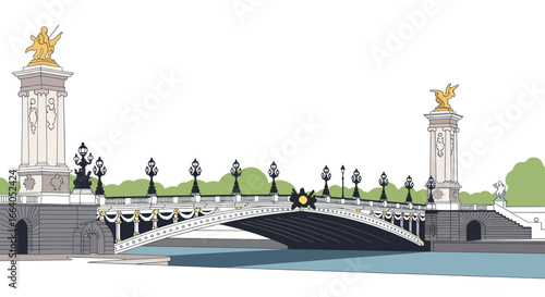 Elegant linear illustration of Pont Alexandre III bridge in Paris France