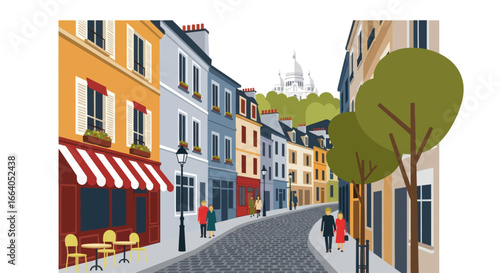 Charming parisian street scene with colorful buildings and sacre coeur view evoking vibrant