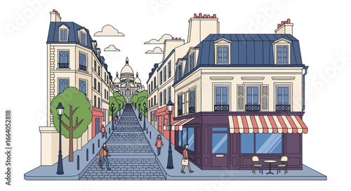 Captivating Parisian street scene with Sacré-Cœur Basilica in the background illustration