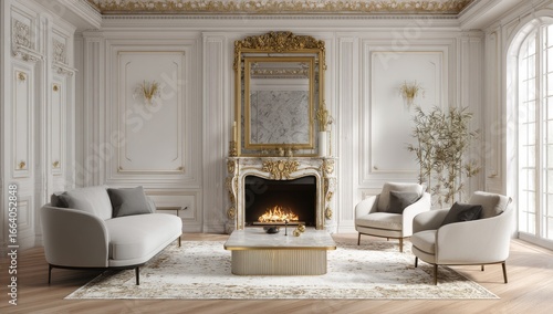Luxurious, light-filled room with gold accents and a fireplace