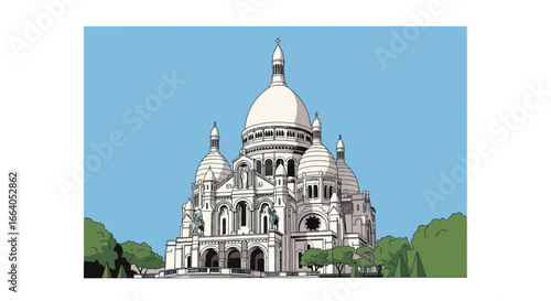 Illustrated Sacré-Cœur Basilica against the Blue Sky with some Trees Around It in Paris