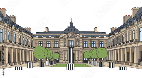 Artistic rendering depicts the architectural majesty of a european palace courtyard in soft colours