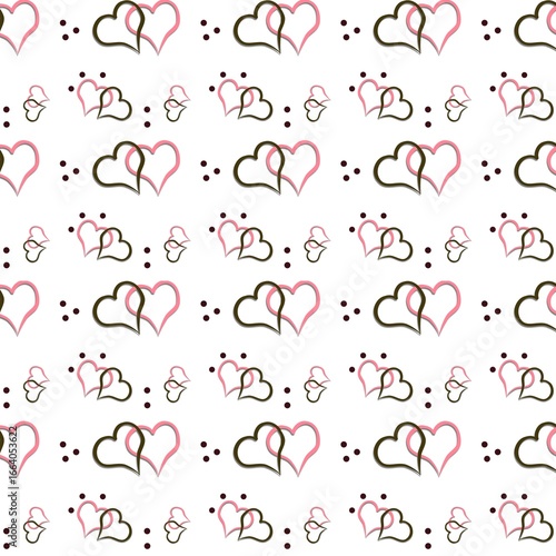 Seamless romantic heart pattern decorated with pink and brown hearts and tiny dots on a white background.