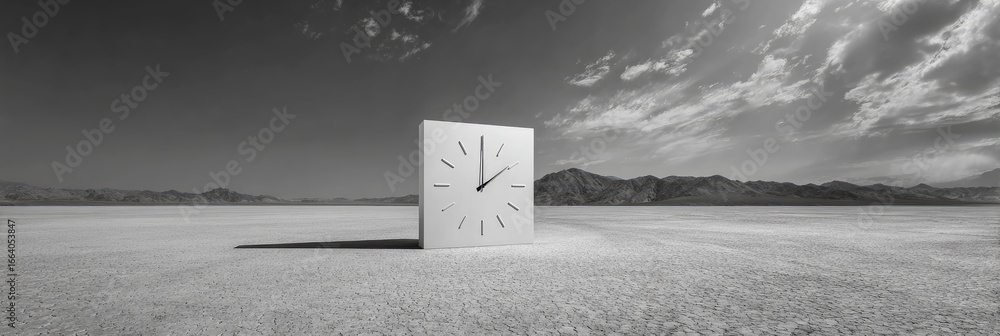 Fototapeta premium A large, square clock sits on a vast, empty desert
