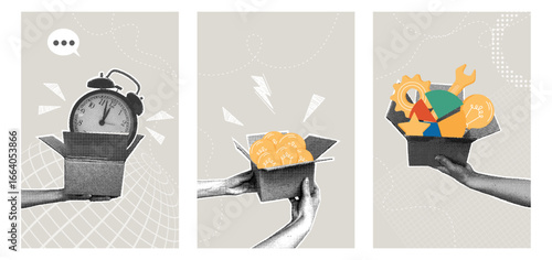 Trendy halftone collage. Concepts of time, ideas, and solutions in creative collaboration. The concept of lost time, gathering ideas, teamwork.