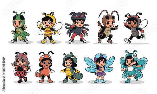 Kids with insect costume vector graphic illustration set