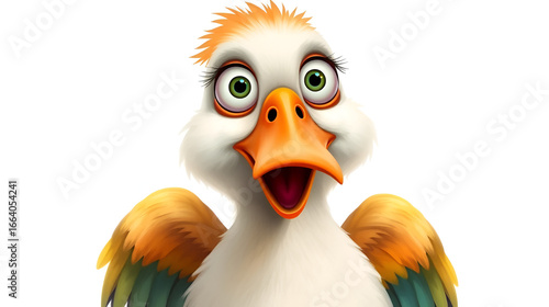 Silly bird digital painting. Dodo or duck with stupid eyes, long orange beak, big body and little colorful wings. Conception of annoying foolish but funny animal isolated on white background.
