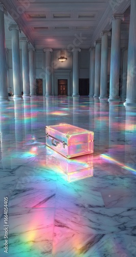 A iridescent suitcase on a marble floor reflecting light, creating a colorful effect in a grand hall