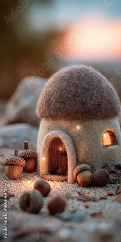 Miniature fairy house with mushroom-shaped roof, nestled amongst acorns and warm lighting