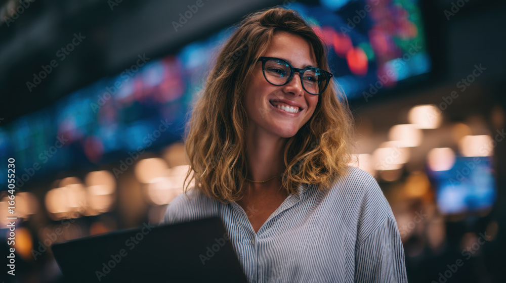 Fototapeta premium Smiling woman with glasses working on laptop in modern office environment, surrounded by digital screens displaying financial data, exuding confidence and professionalism